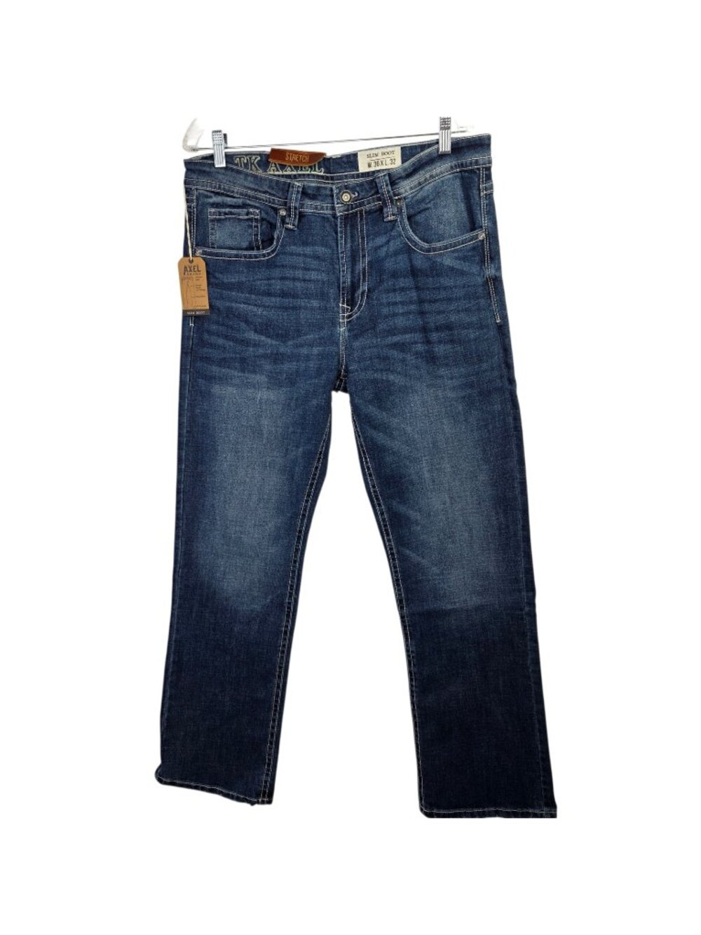 TK Axel Jeans Mens 36x32 Blue Slim Boot Cut Stretch Denim Distressed Medium Wash